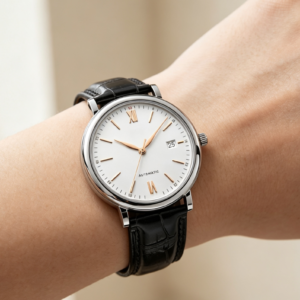 White-Dial Automatic Watch with Black Leather Strap — view 2