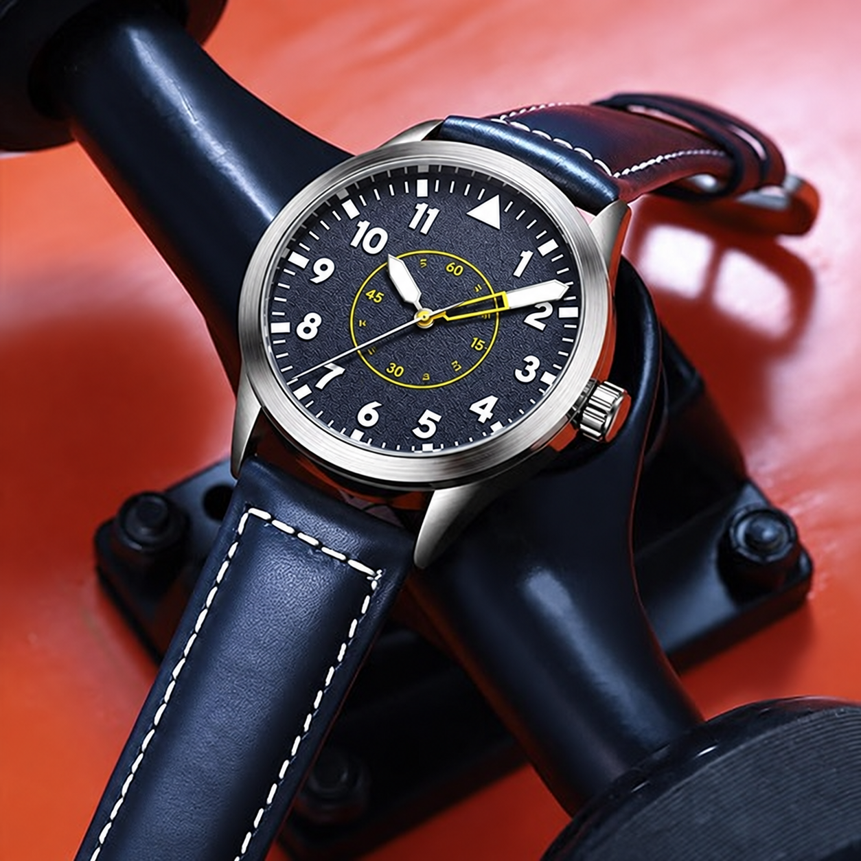 Blue-Dial Watch with Leather Strap